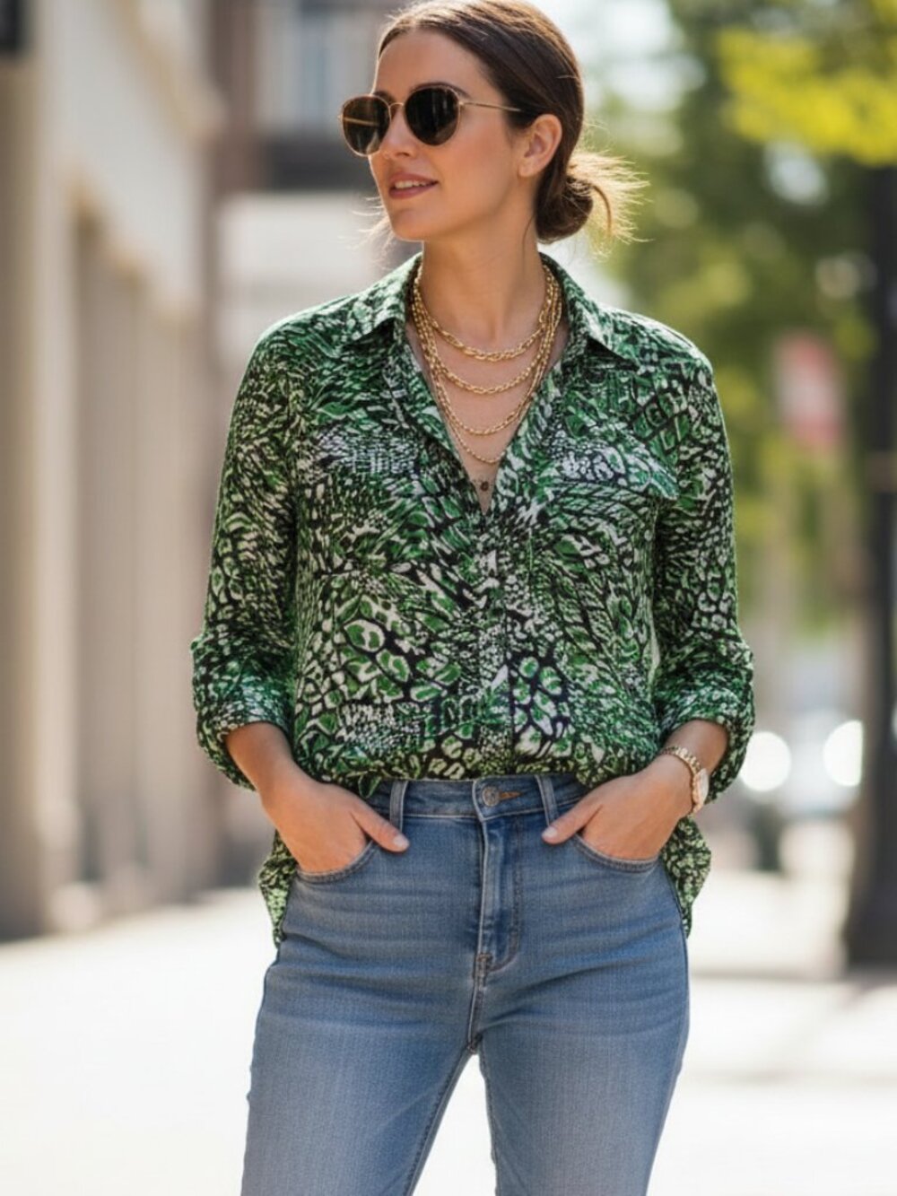 New‎ York Co S Women's Top Green Black Animal Button Sheer Boho Edgy Whimsigoth